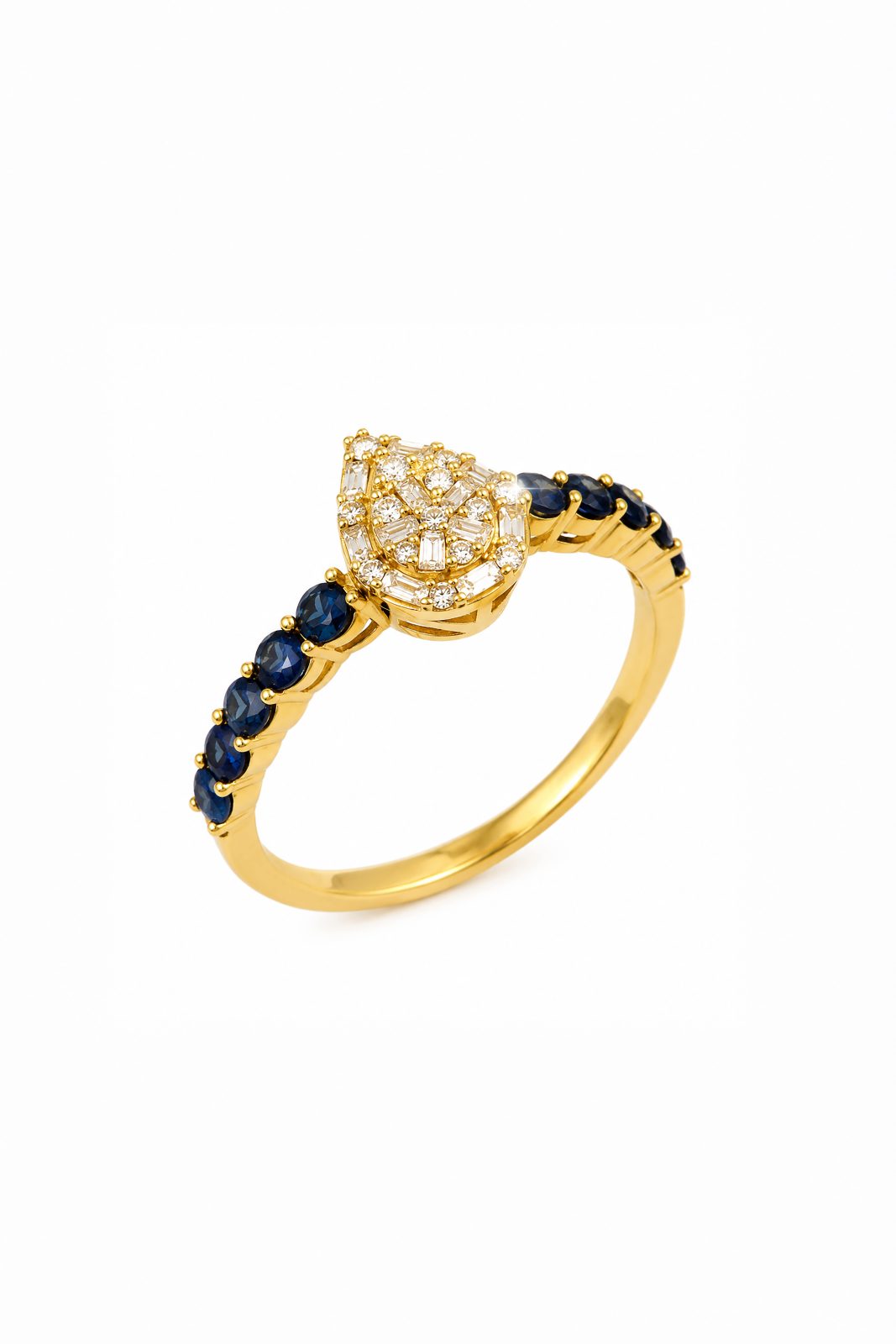Anillo Gota con Brillantes y Bisel de Zafiros