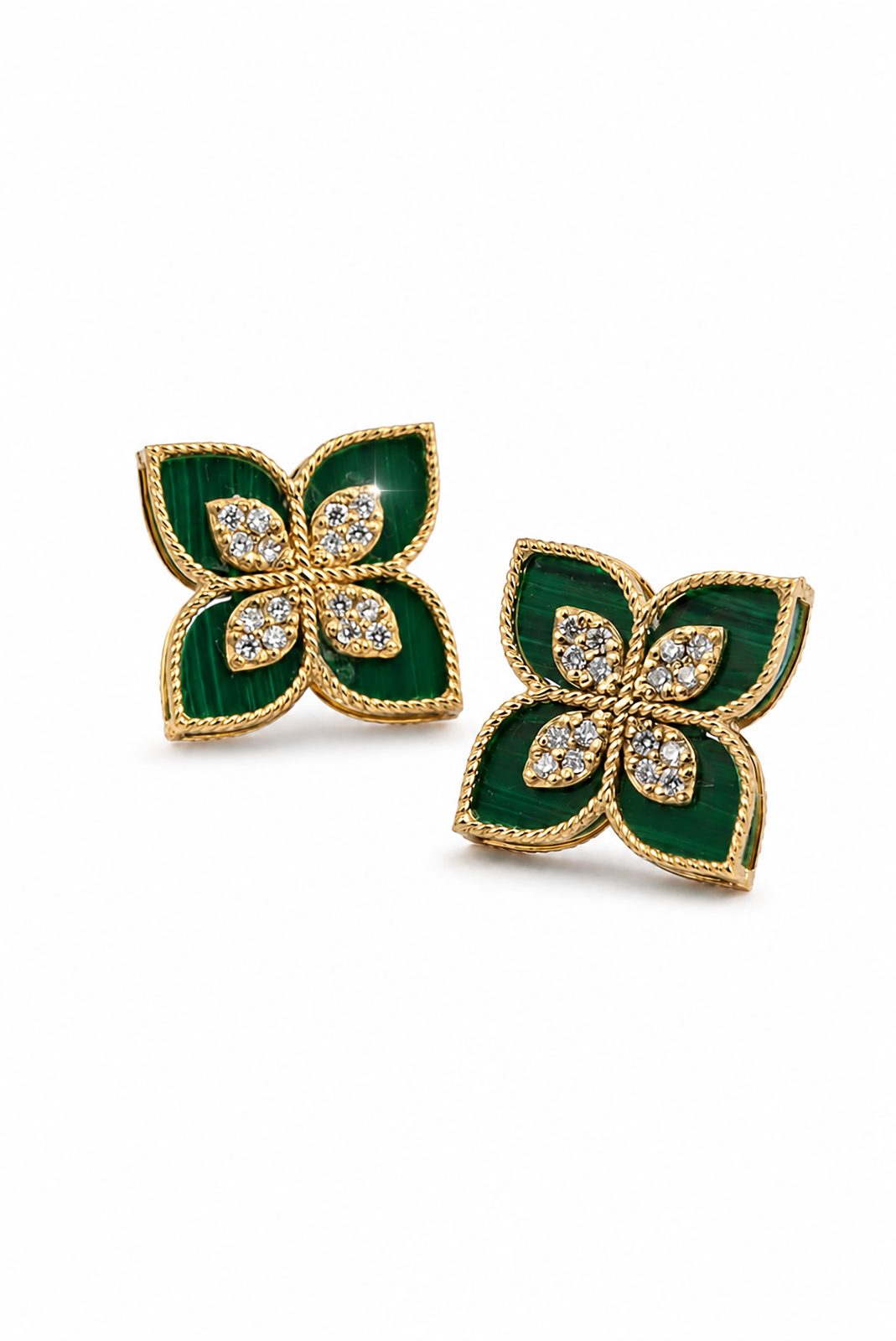 Aretes Flor de Malaquita con Diamantes Naturales