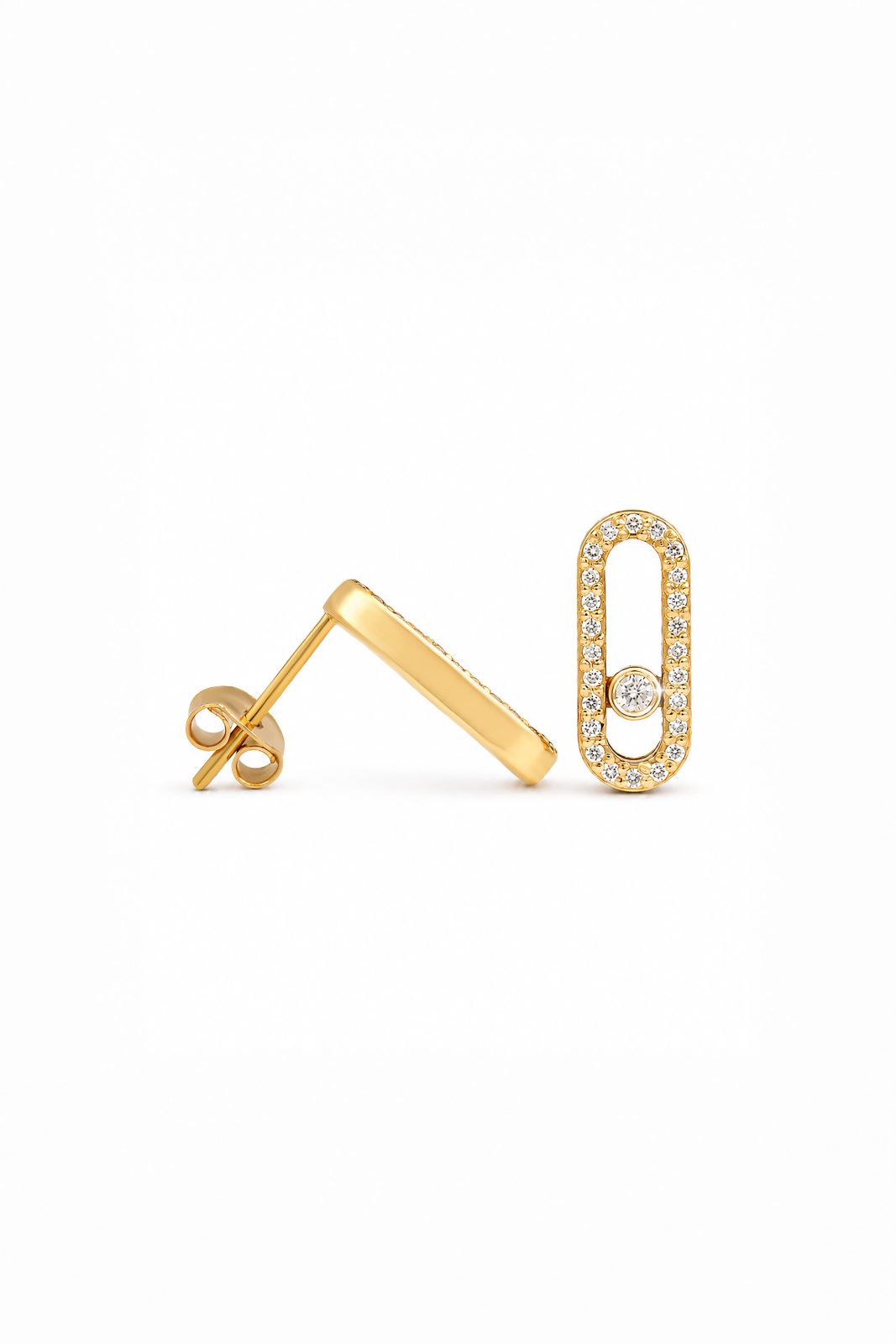 Aretes Ovalados Estilo Messika en Oro Amarillo con Pavé y Diamante Móvil