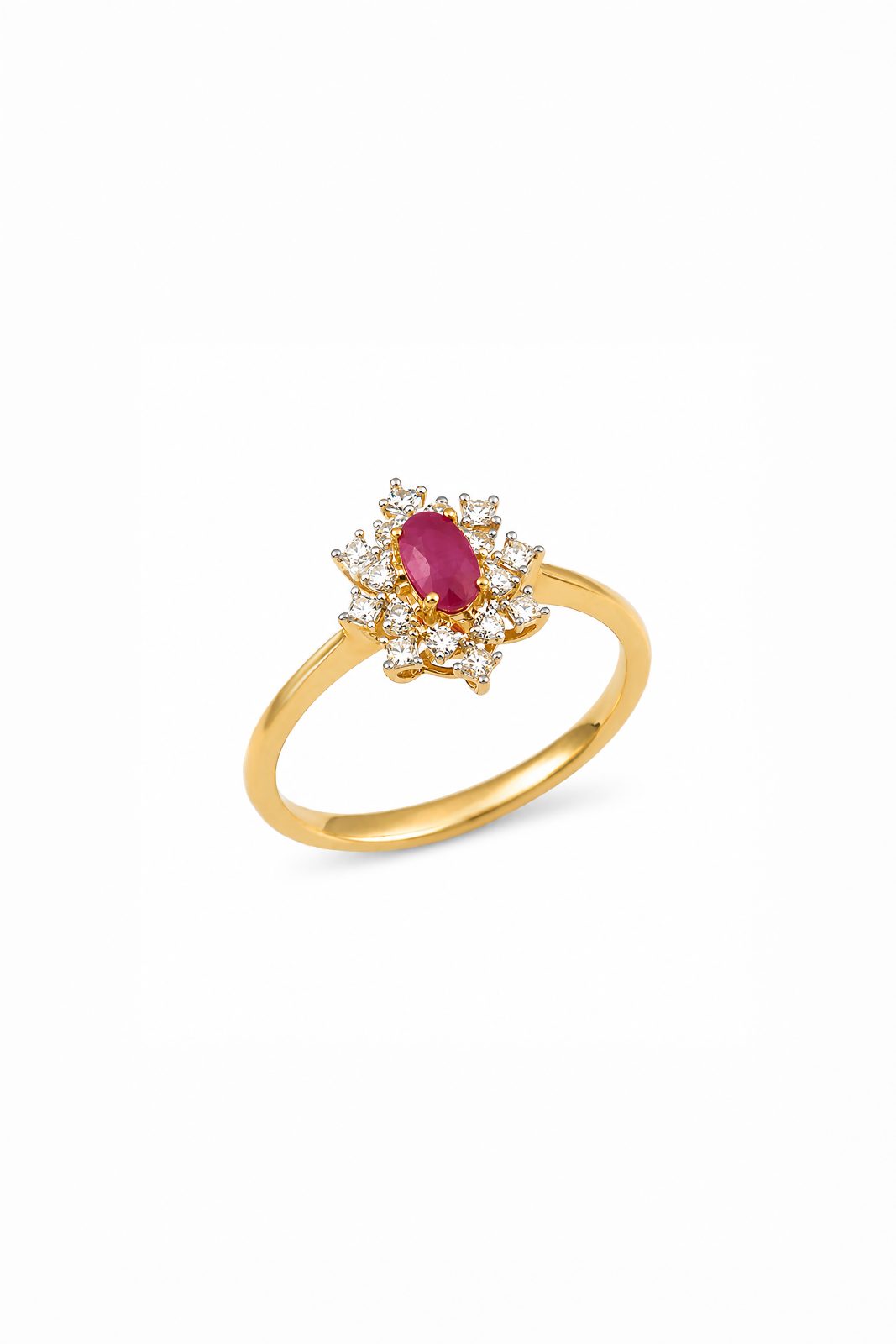 Anillo Rosalita Copo de Nieve en Oro Amarillo con Rubí Central y Halo de Diamantes