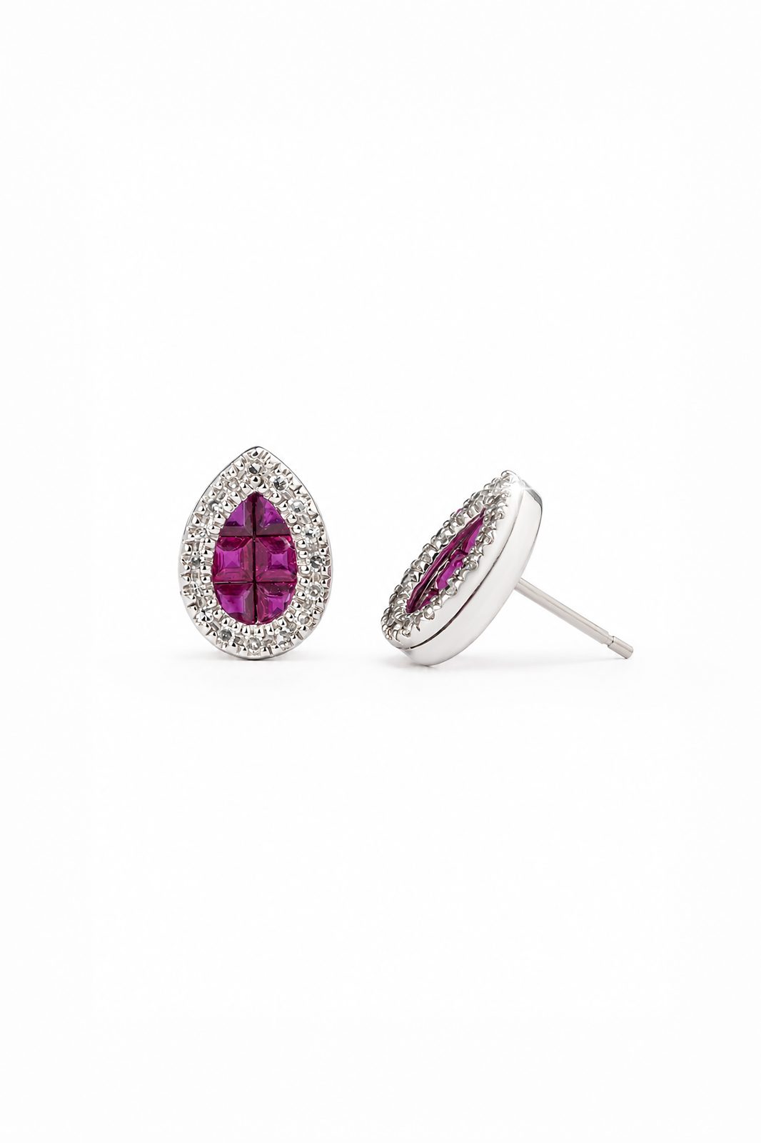 Aretes Gota Mosaico de Rubíes en Oro Blanco con Halo de Diamantes