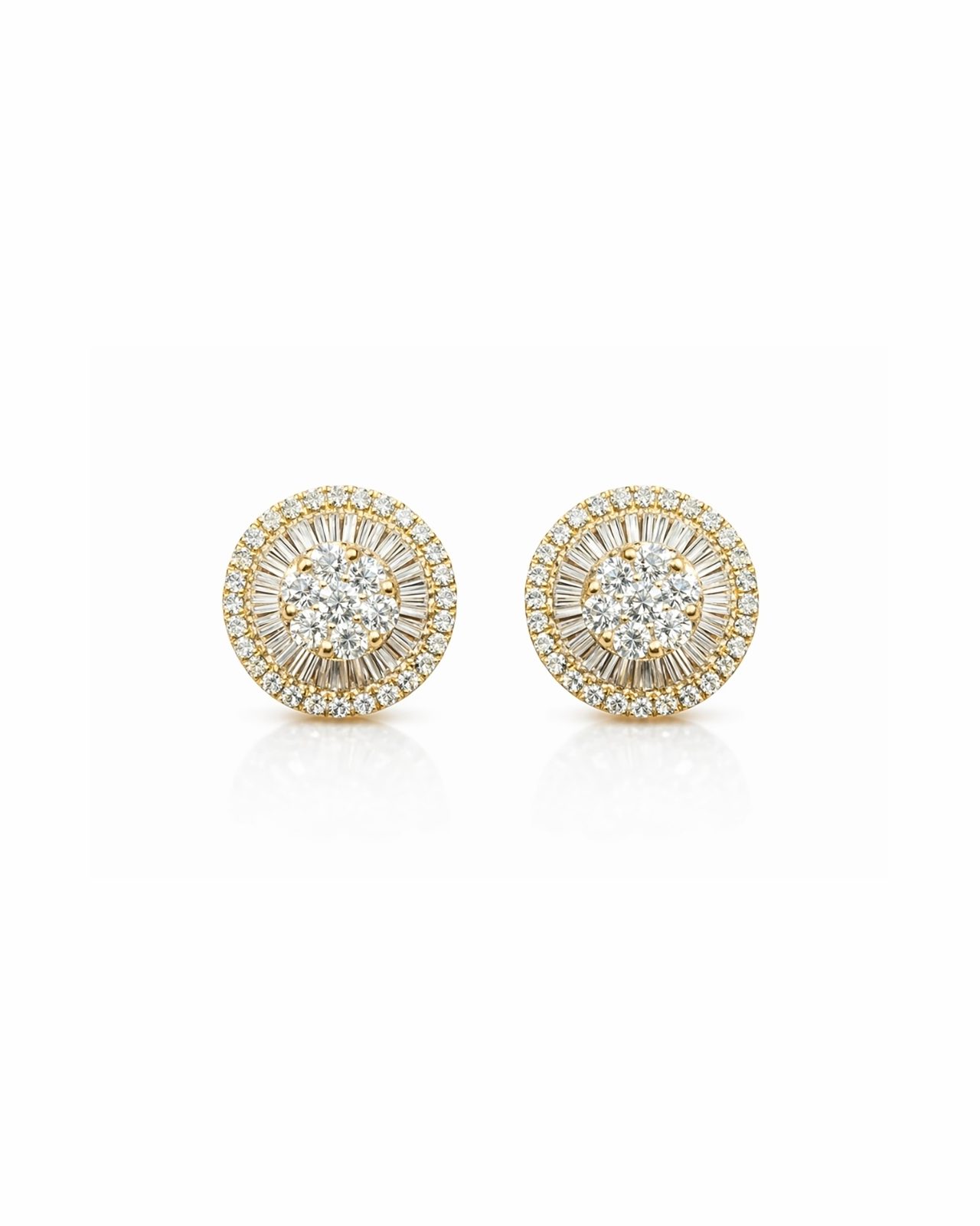 Aretes Circulares Girasol con Diamantes Baguette y Halo en Oro Amarillo