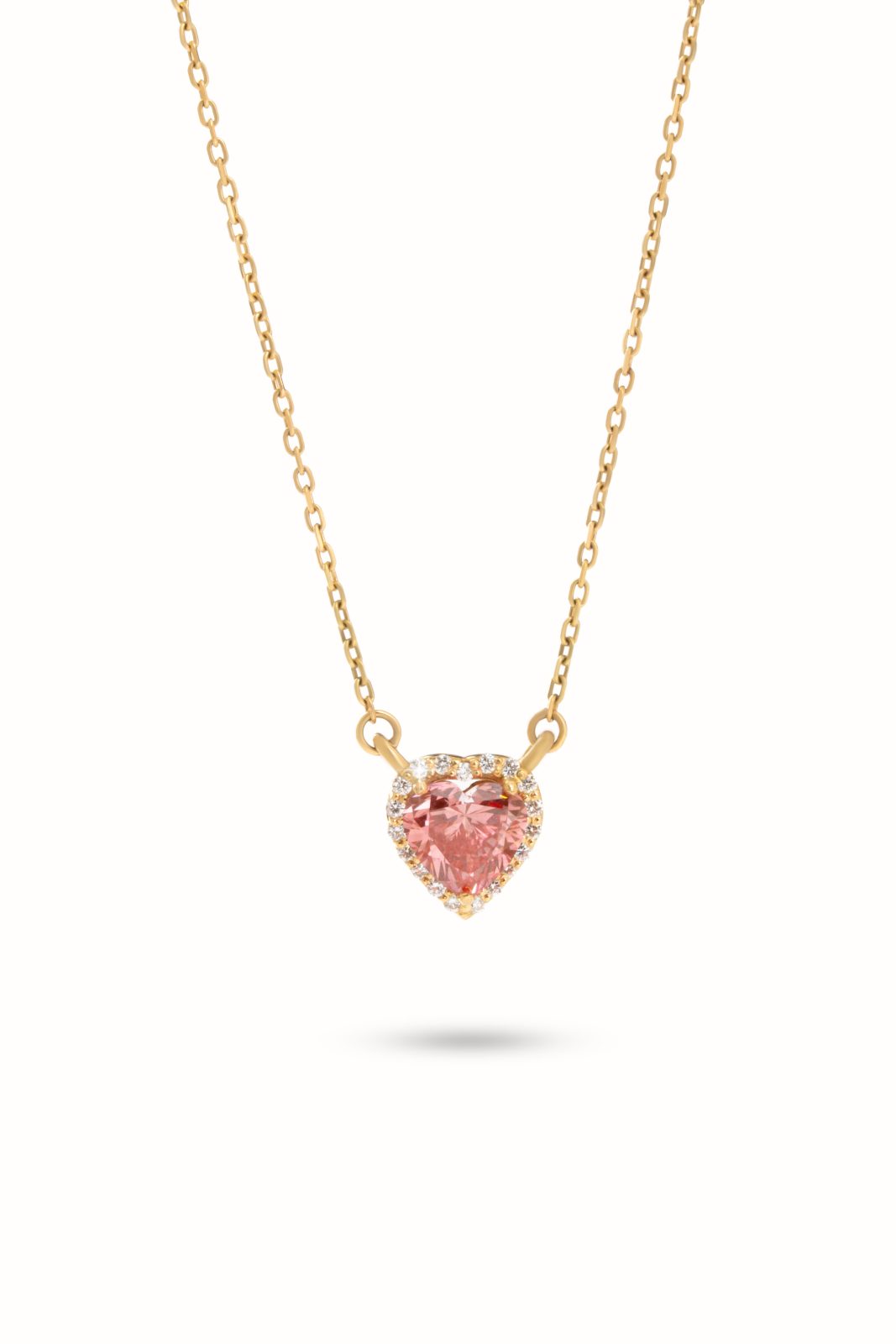 Collar con Dije Corazón Rosa en Oro Amarillo con Halo de Diamantes