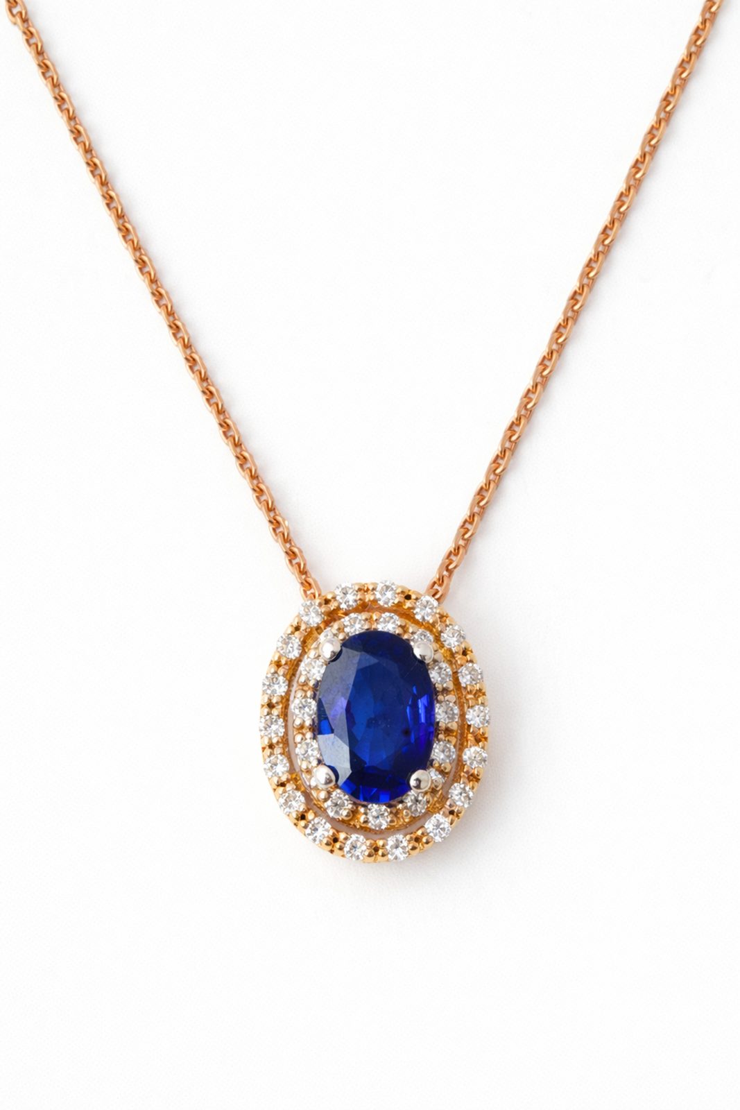 Collar Zafiro Oval con Doble Halo Flotante de Diamantes en Oro Rosa