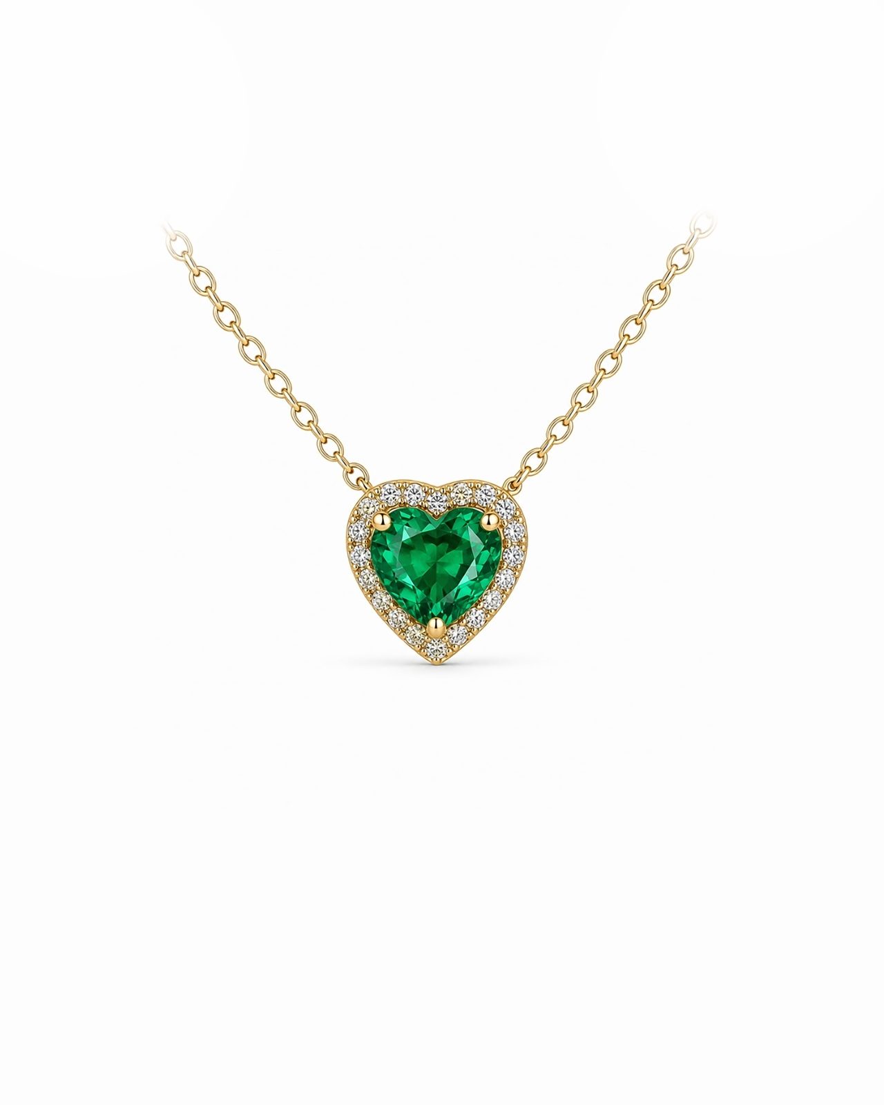 Collar Corazón Esmeralda en Oro Amarillo con Halo de Diamantes