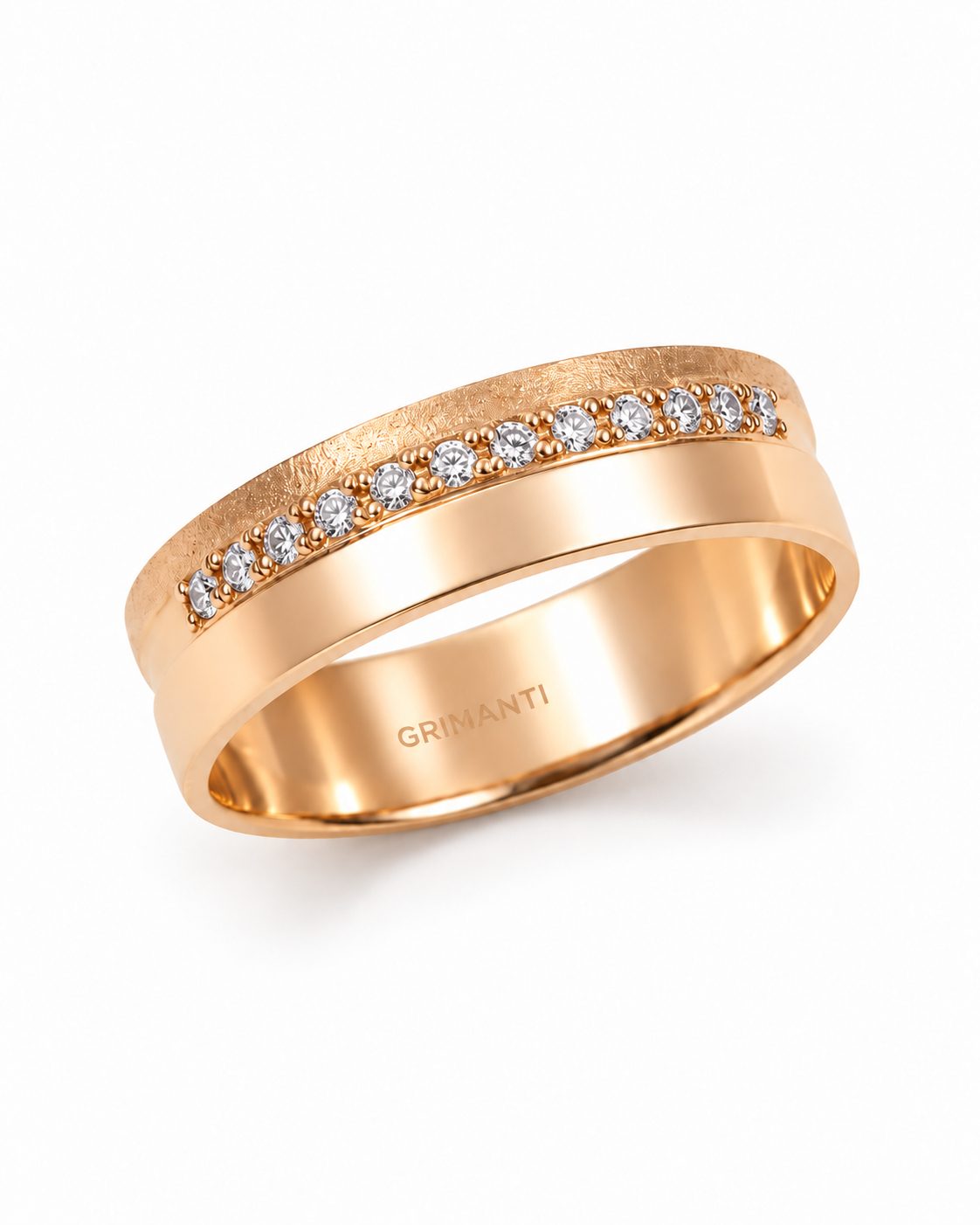 Aros de matrimonio Alianza Texturizada con Hilera de Diamantes en Oro Naranja 18k