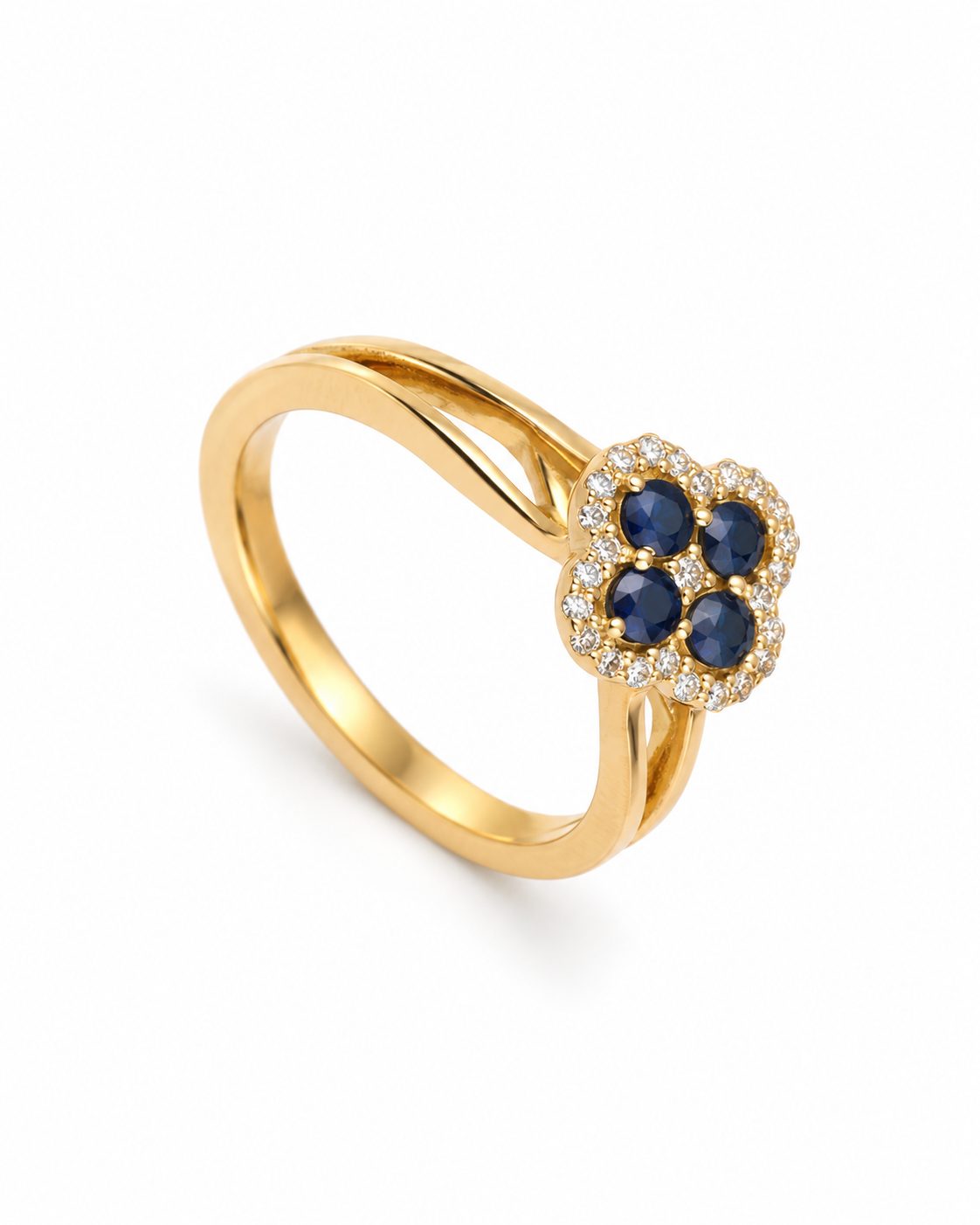 Sortija Trébol con Zafiros Azules y Halo de Diamantes